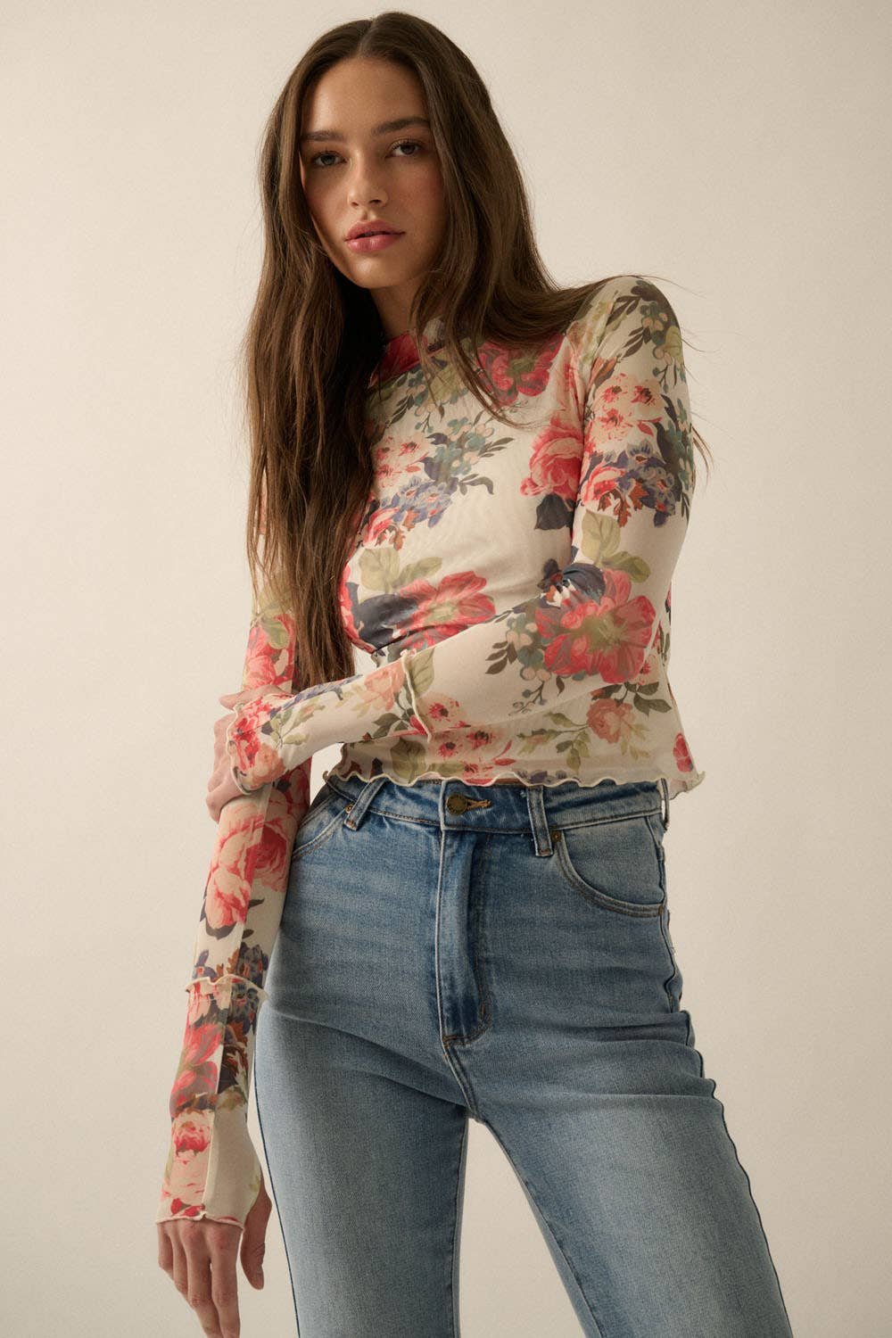 2006C16A-CE27-3DFB-9352-A7950215DF4E Floral-Print Mesh Mock-Neck Thumbhole Top - Image 5