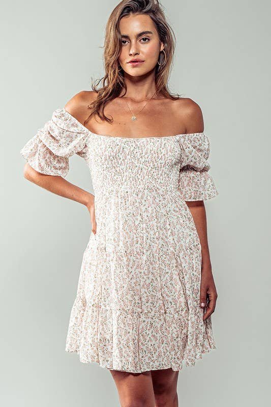 44B7F5CA-36CC-44BF-402B-D88EEA42D014 Romantic Off Shoulder Shirred Lace Mini White Dress - Image 8
