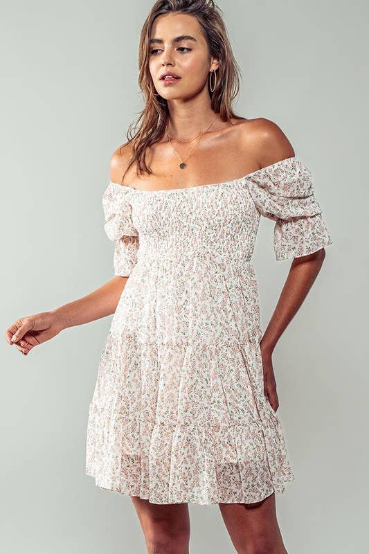 48183689-5067-0830-701A-90C477C46503 Romantic Off Shoulder Shirred Lace Mini White Dress - Image 2