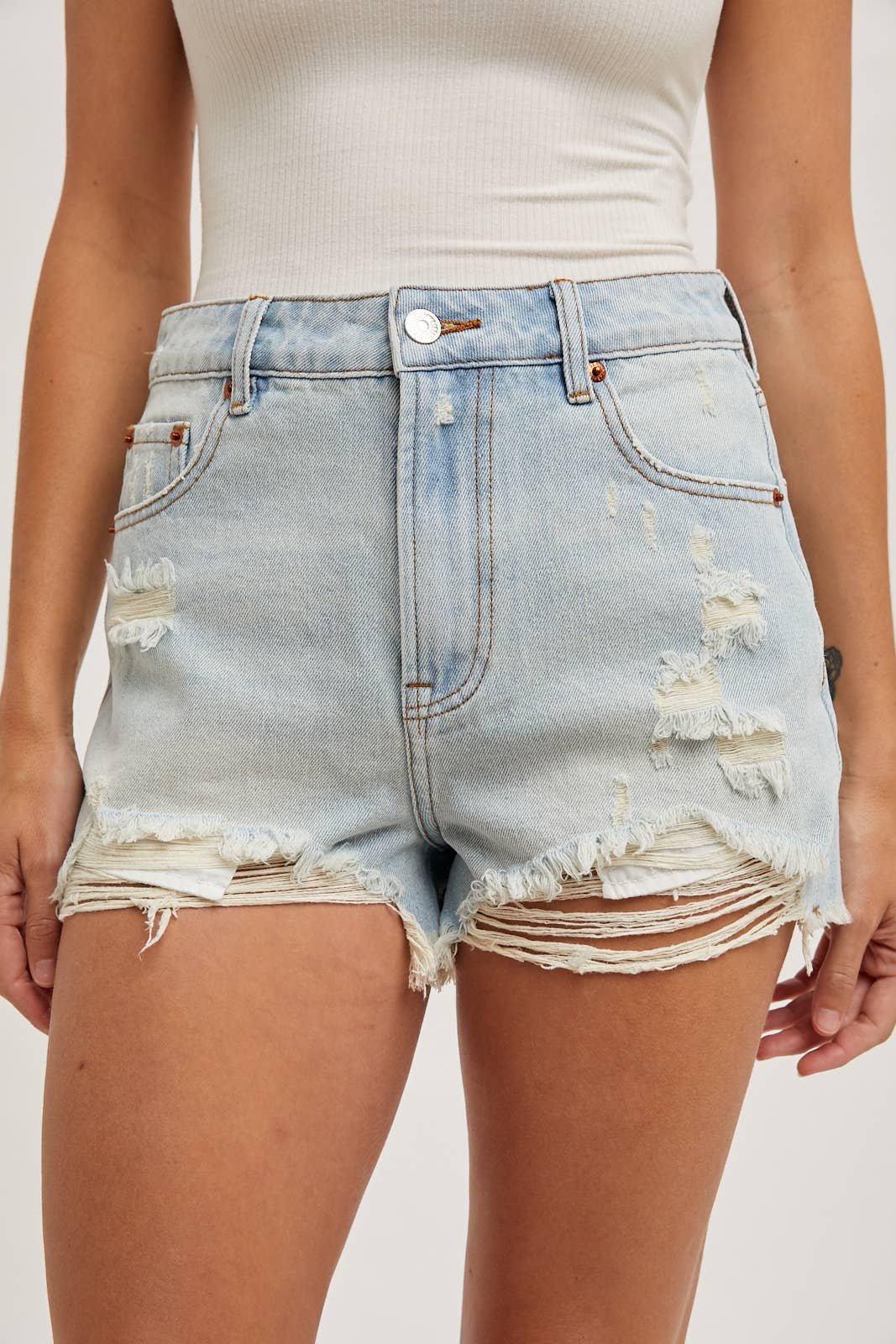 6427E5FC-8864-A5B2-4D7A-ADBBA6D443BD HIGH RISE DISTRESSED DENIM SHORTS - Image 12