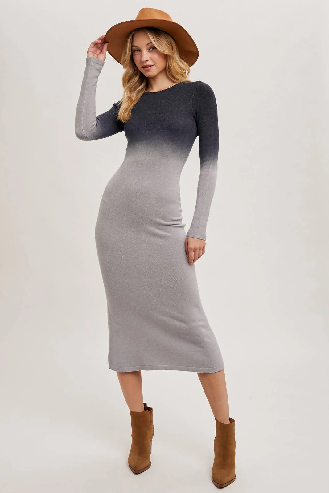 7151BE14-8C13-FB5B-4F2F-43A946604229 OMBRE BODYCON KNIT MIDI DRESS