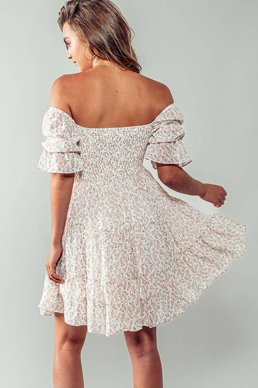 8048B91B-4E46-6A01-4337-E6ACCDFC74EB Romantic Off Shoulder Shirred Lace Mini White Dress - Image 6