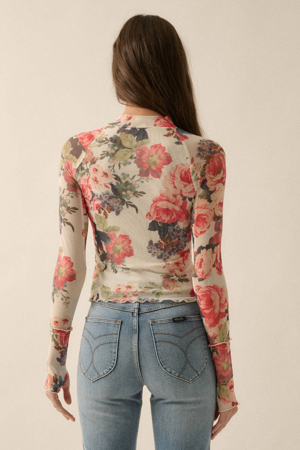 B5D70FC1-97CC-AFE3-598C-DED1282A360B Floral-Print Mesh Mock-Neck Thumbhole Top - Image 6