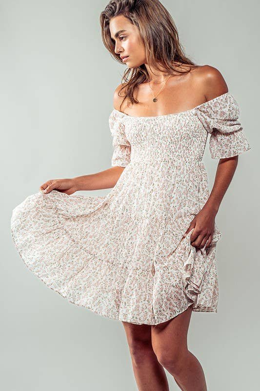 BA92A59B-549E-93F4-B79C-7FB2A76E77B6 Romantic Off Shoulder Shirred Lace Mini White Dress - Image 5