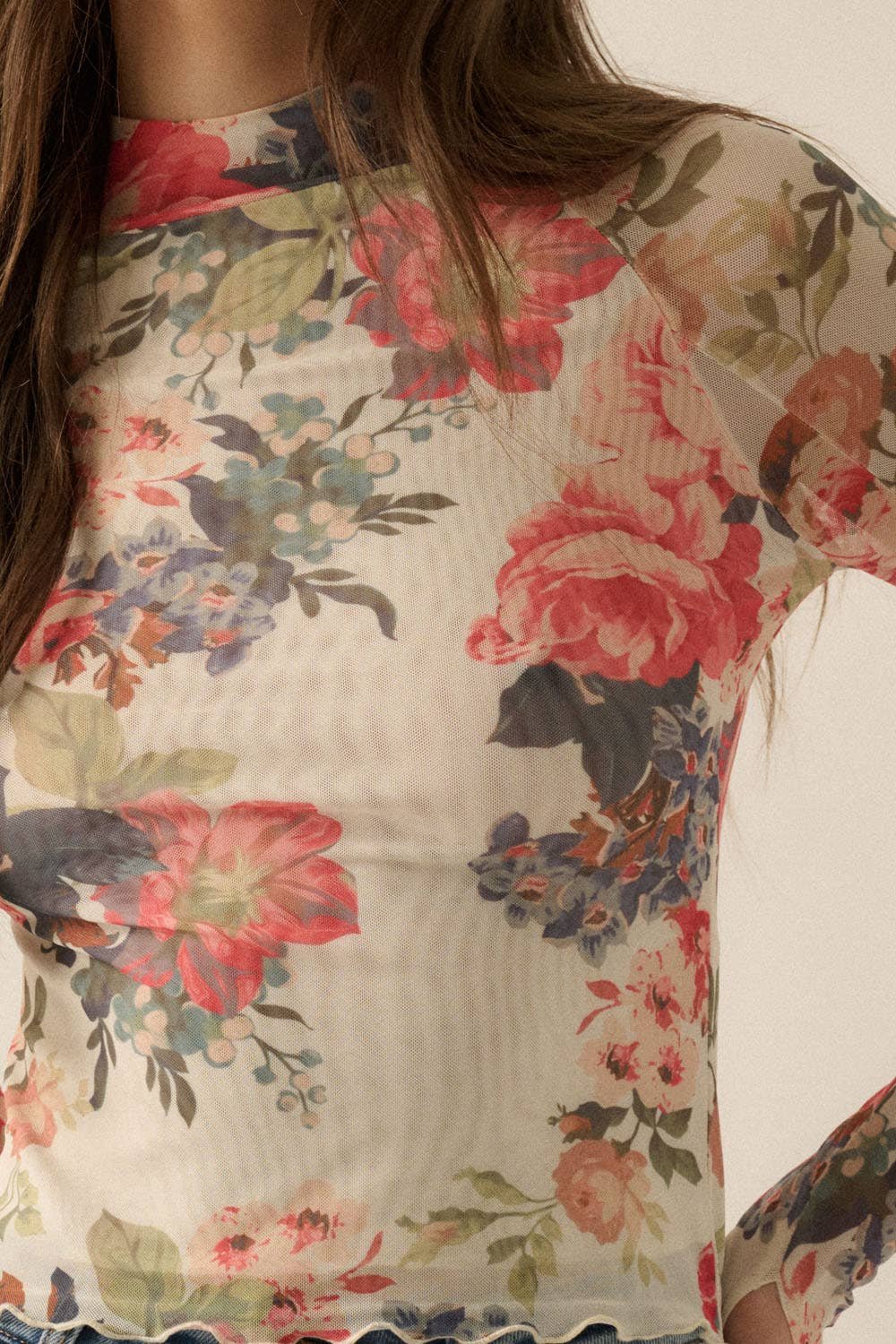 C0C4B4F9-3138-F3CE-B30F-CA57617CBBD5 Floral-Print Mesh Mock-Neck Thumbhole Top - Image 2