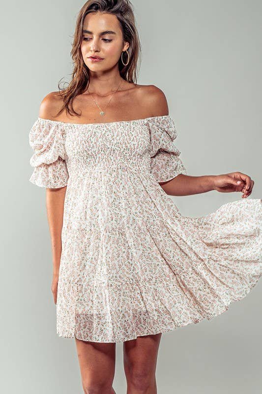 CA9A67E7-DB51-8D42-C50E-EA92168770E5 Romantic Off Shoulder Shirred Lace Mini White Dress - Image 11