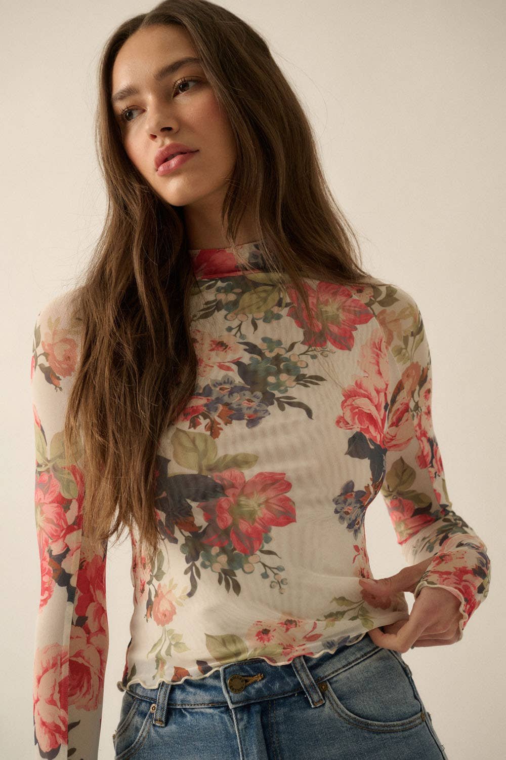 DEE75C33-AFBF-CD81-D405-8F2E58687A44 Floral-Print Mesh Mock-Neck Thumbhole Top - Image 3