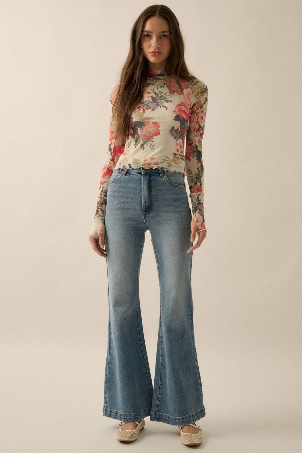 F3DD7468-68F4-CA37-F98F-DEDD37348547 Floral-Print Mesh Mock-Neck Thumbhole Top - Image 4