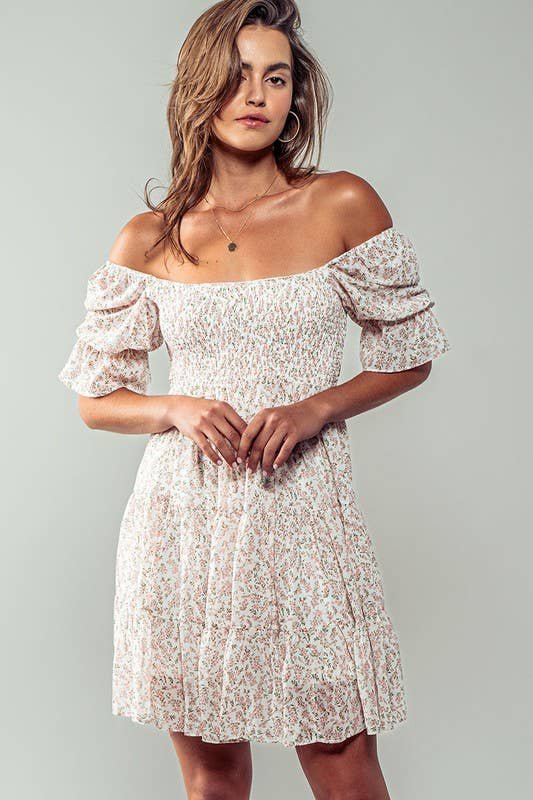 F6A4153D-C112-B1FC-E45F-61F46F4777A5 Romantic Off Shoulder Shirred Lace Mini White Dress - Image 3