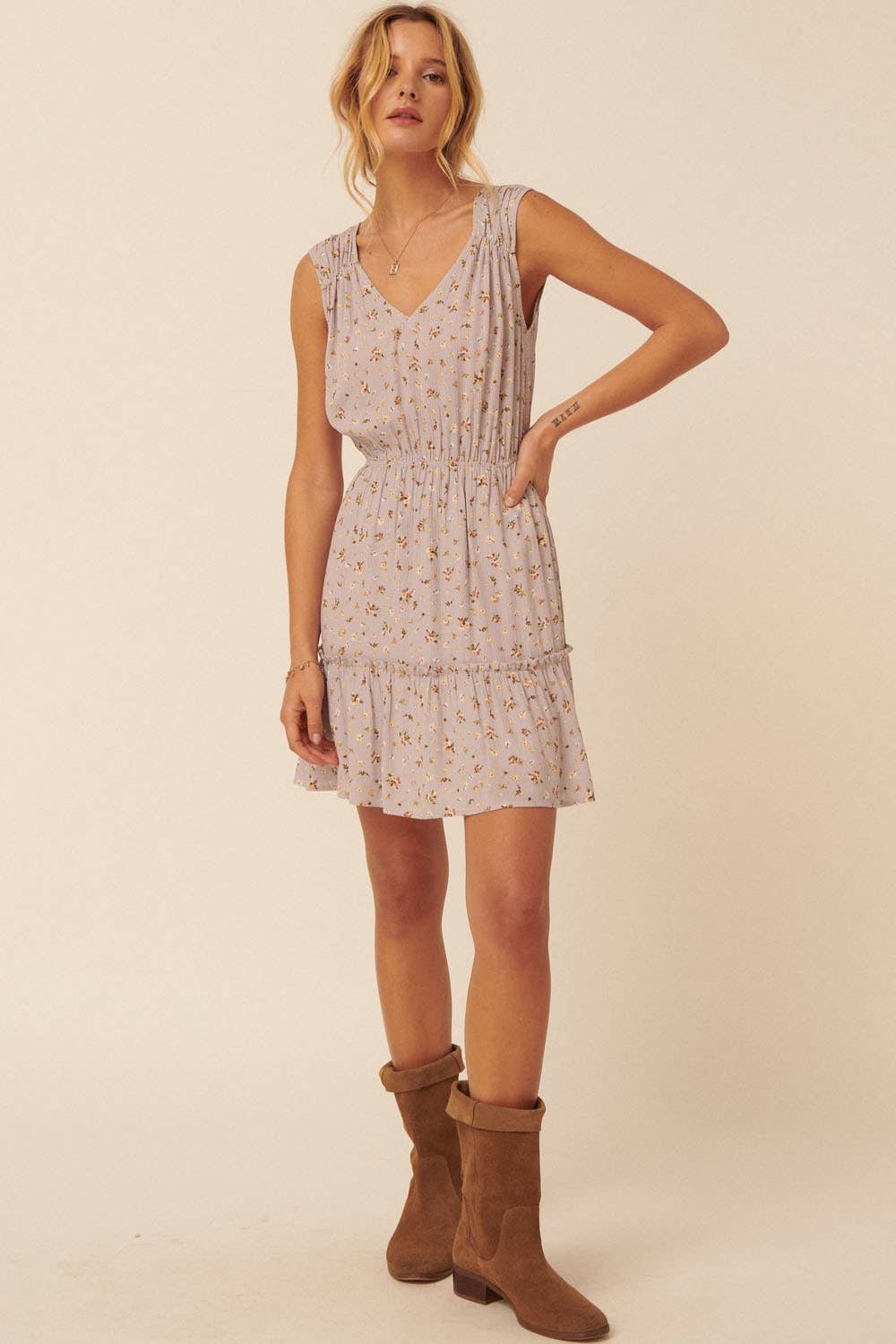 F77A24A0-81E2-4549-ECA2-A14F59C8E692 Floral V-Neck Sleeveless Elastic Waist Mini Dress - Image 3