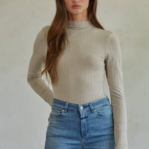 Home Knit Ribbed Mock Neck Fitted Top